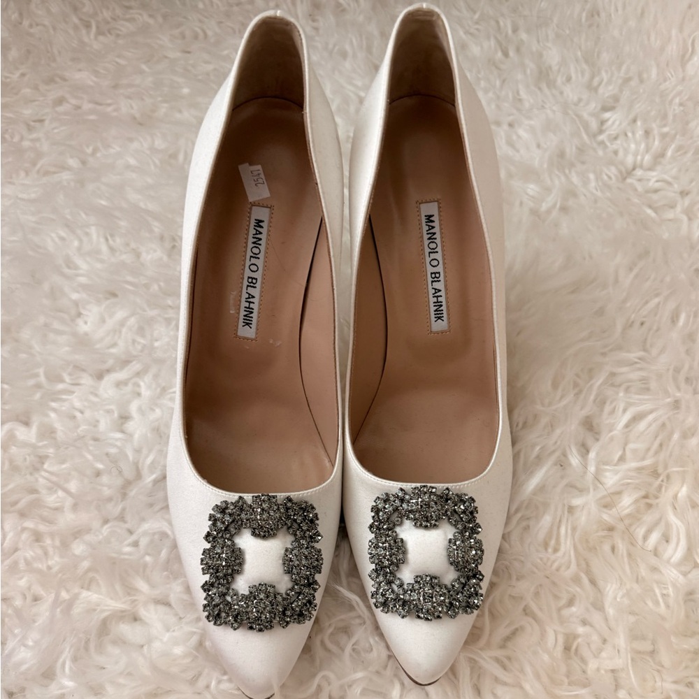 Manolo Blahnik White Embellished Hangisi Pointed-Toe Pump 41